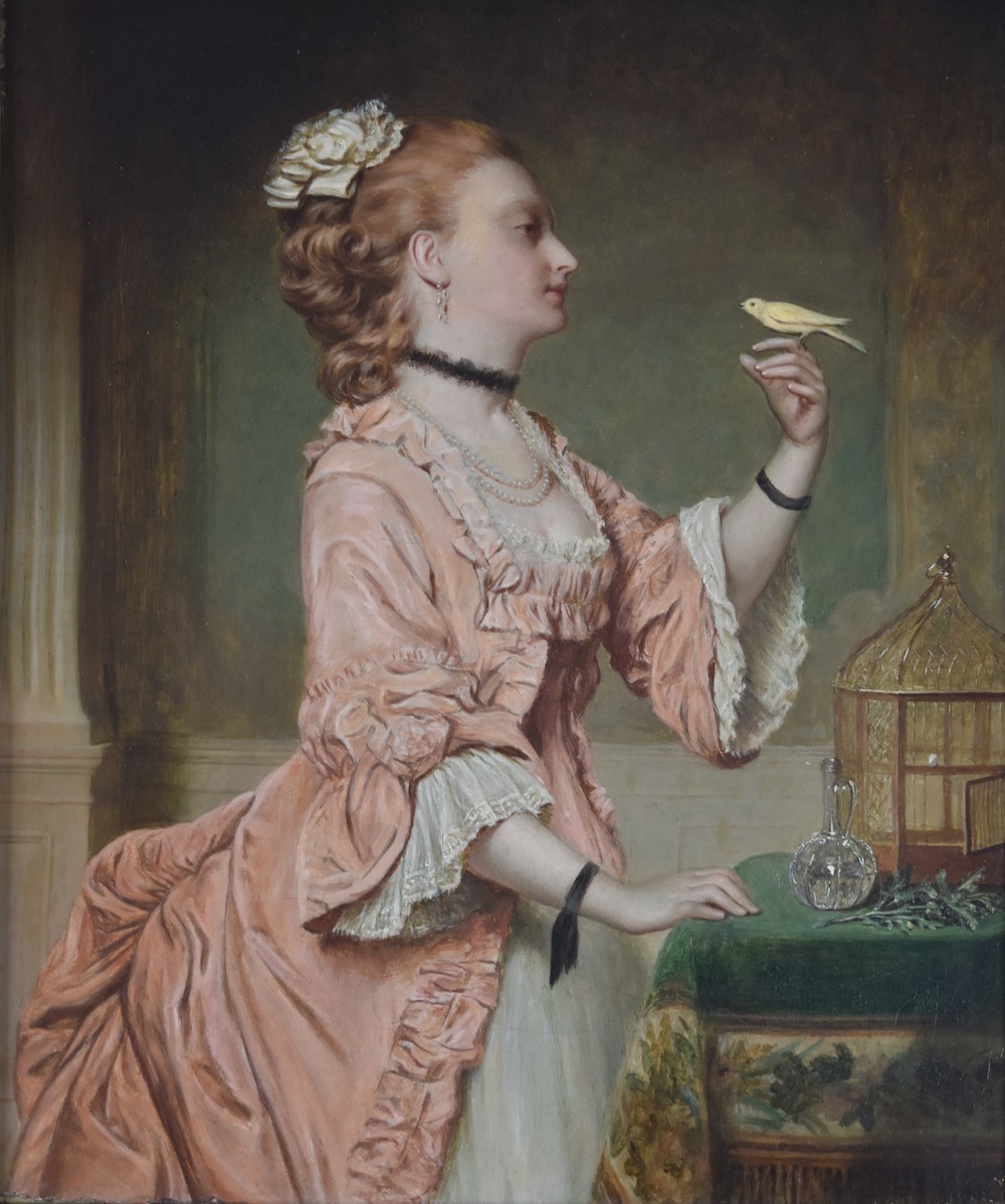 John Robert Dicksee (1817 1905) Oil On Canvas 'The Willing Captive' Lady In Period Dress With A Pet Bird Sold Ś2,000