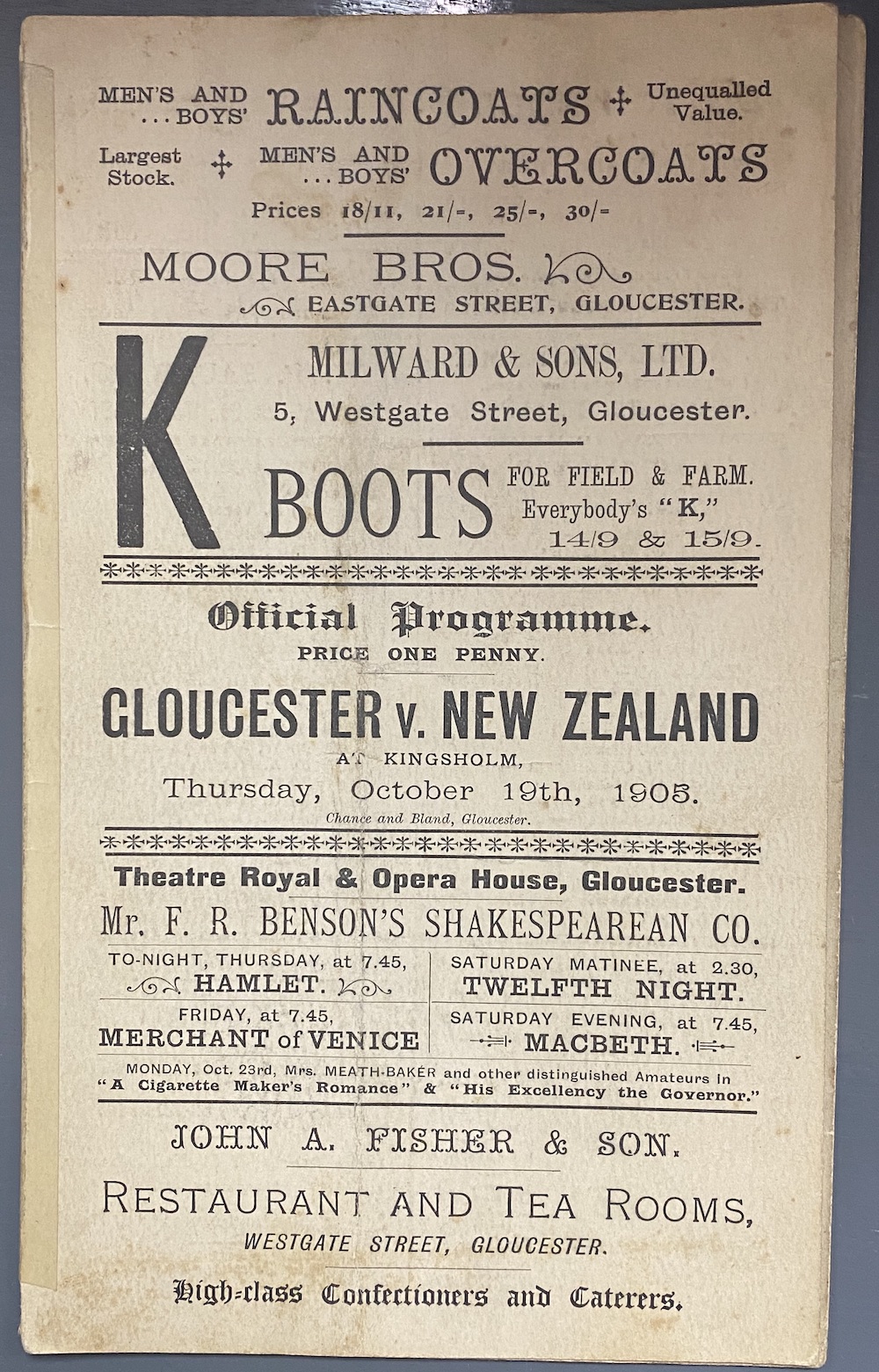 1905 Gloucester V New Zealand Rugby Programme Sold Ś2,500