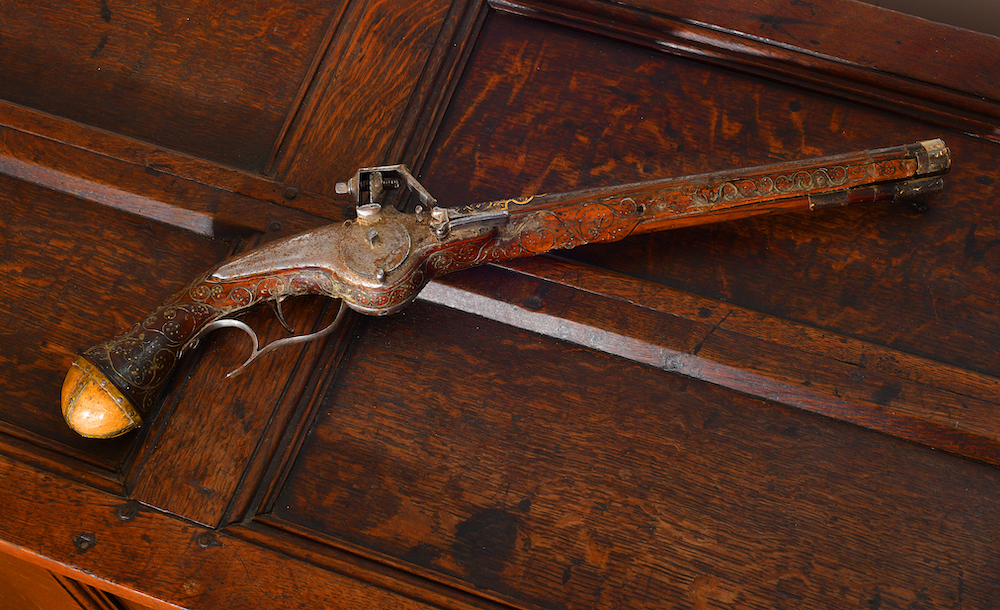 Eastern Wheel Lock Pistol With All Over Brass Wire Inlaid And Studded Decoration Ś2,900