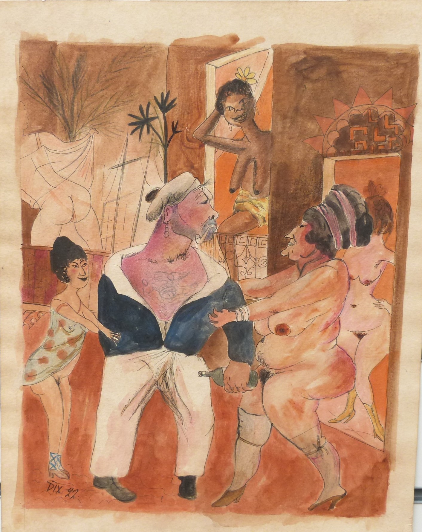 After Otto Dix A Pencil, Ink And Watercolour Scene Of A German Brothel Featuring A Drunken Sailor And Naked Prostitutes Sold For Ś3,000