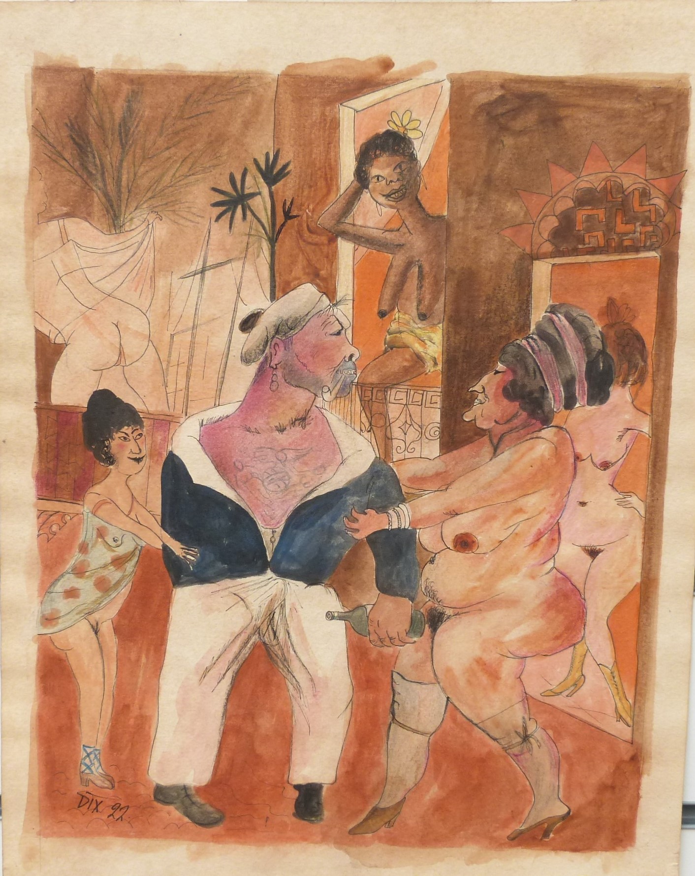 After Otto Dix A Pencil, Ink And Watercolour Scene Of A German Brothel Featuring A Drunken Sailor And Naked Prostitutes Sold For Ś3,000