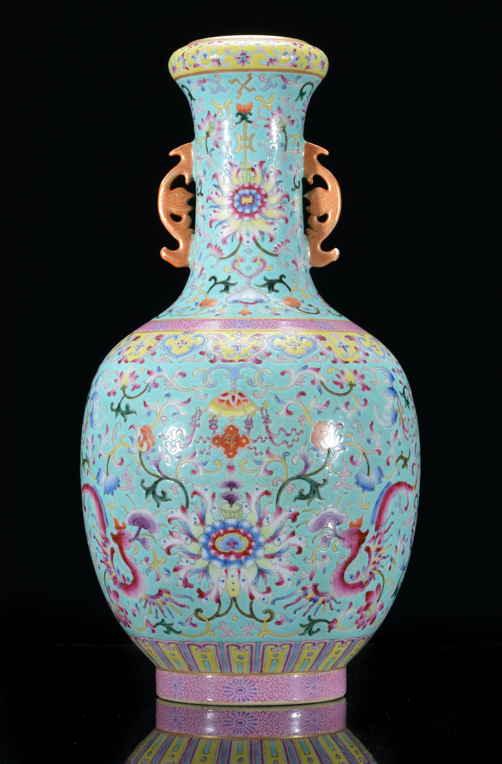 A Chinese Jiaqing Style Famille Rose Turquoise Ground Bottle Vase Sold £12,000